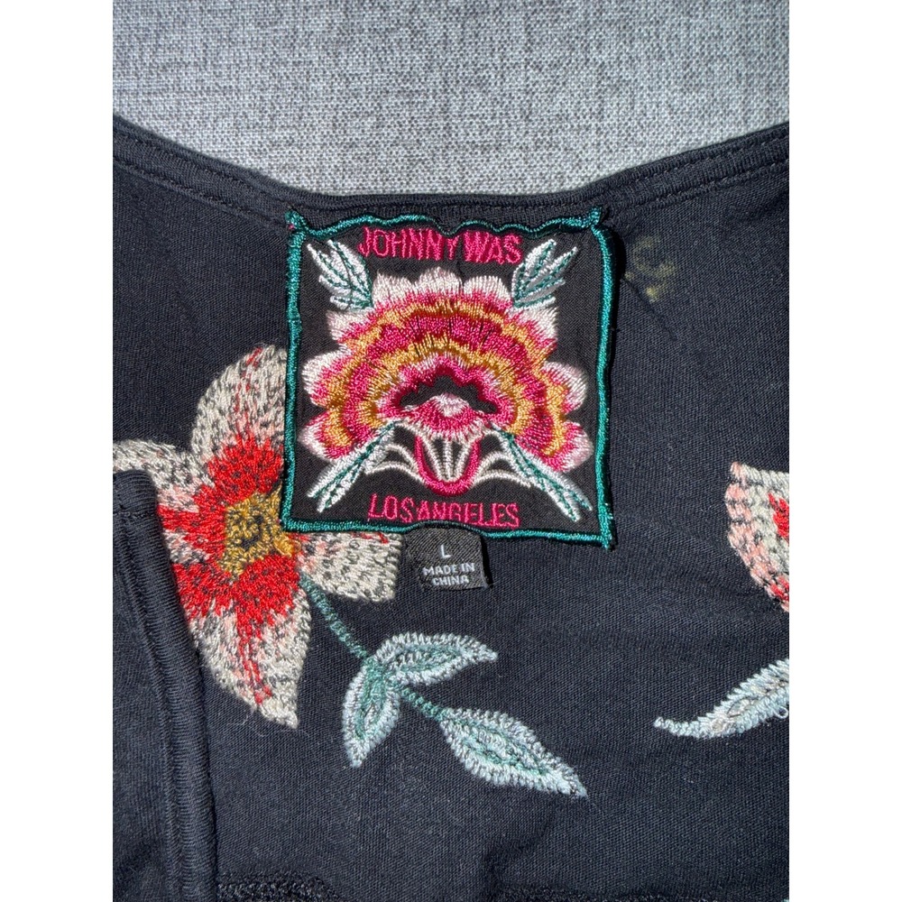 Johnny Was Black Floral Tiger Embroidered Cotton Knit Split Neck Top Large L - Picture 5 of 7